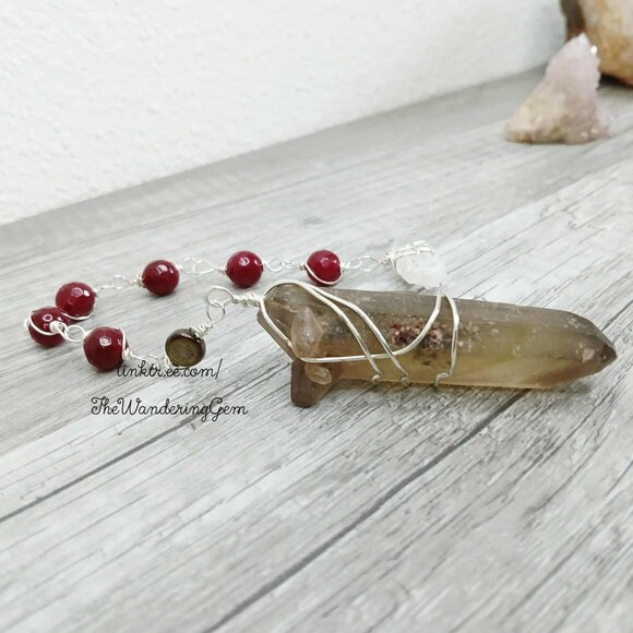 Large Smoky Citrine Dowsing Pendulum, Divination Tools, Garnet 8" - Picture 3 of 4